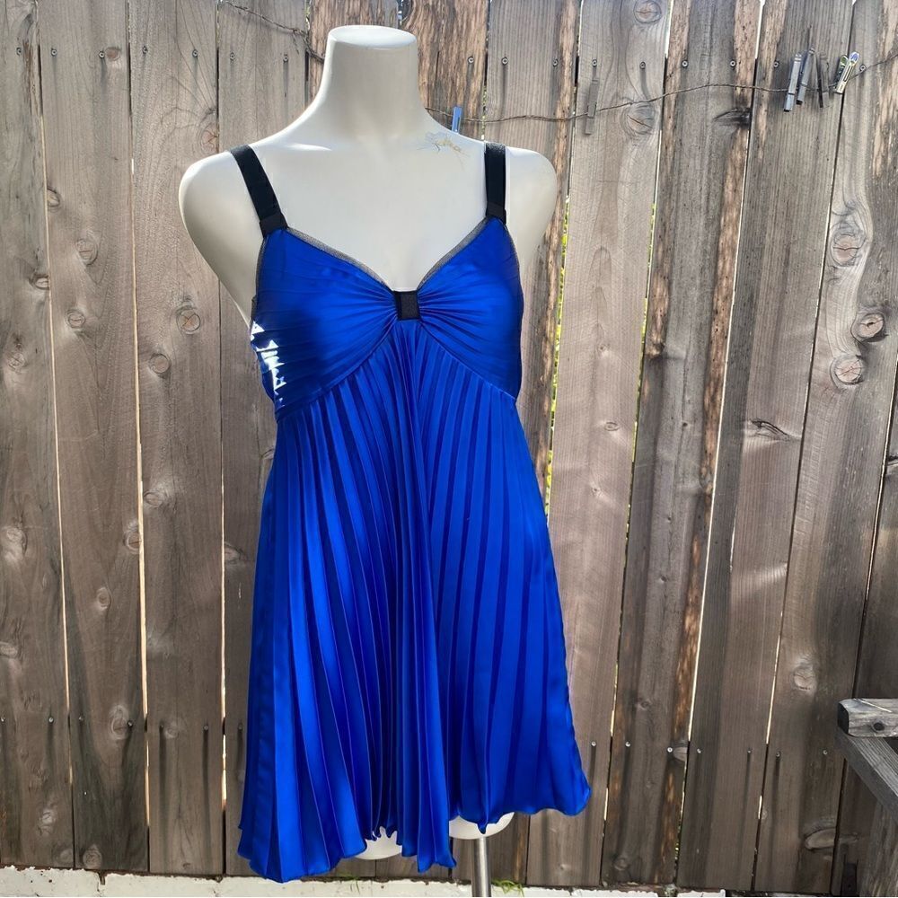 Vintage 90's Y2K  DIANE SAMANDI Blue  Look Satin Laced Pleated mini dress sz M